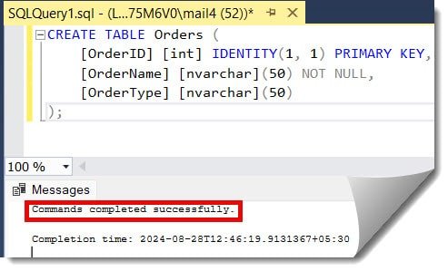 create table with primary key and identity column in SQL server