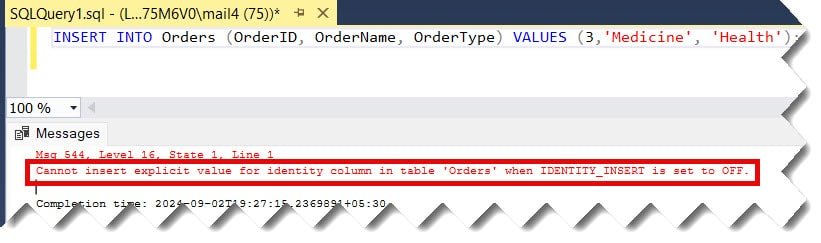 Cannot insert explicit value for identity column in table 'Orders' when IDENTITY_INSERT is set to OFF.