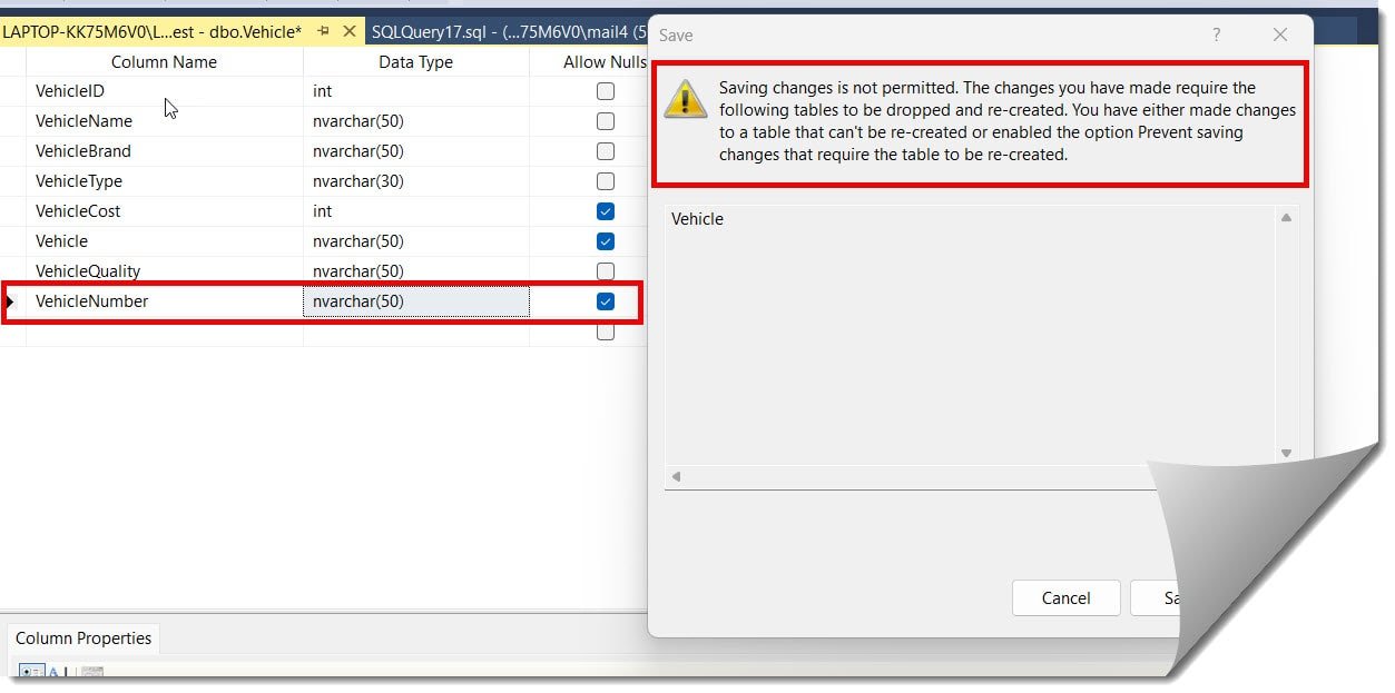 Saving Changes Is Not Permitted SQL Server