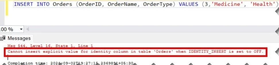 An explicit value for the identity column in table