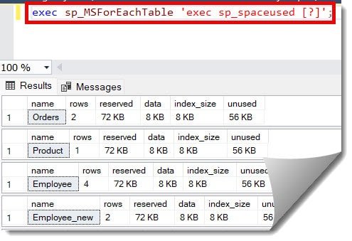 how to get the table size in sql server