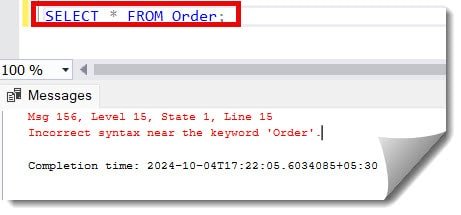 Incorrect syntax near the keyword 'Order'