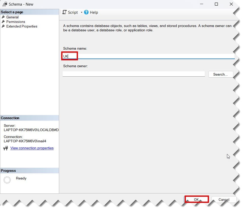 create schema sql server management studio