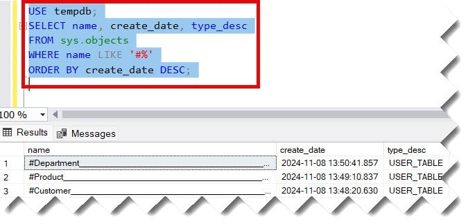 How To Find Temp Table In SQL Server