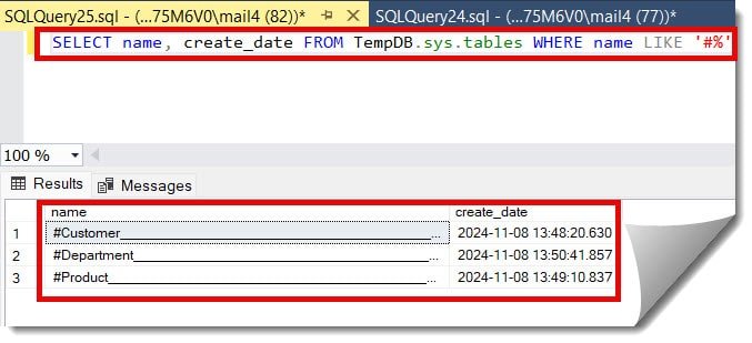 find temp table in sql server