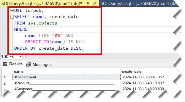 where to find temp table in sql server